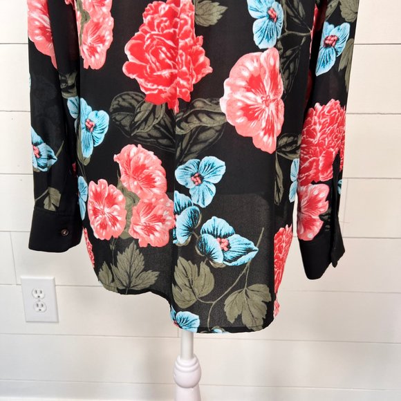 CeCe Black Pink & Blue Floral Semi Sheer Long Sleeve Blouse Size M - Picture 9 of 11